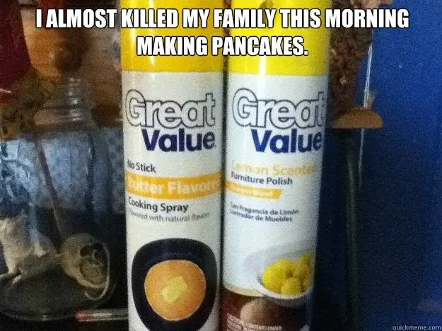 Two spray cans with nearly identical labelening. One is butter flavored cooking spray the other lemon-scented furniture polish.