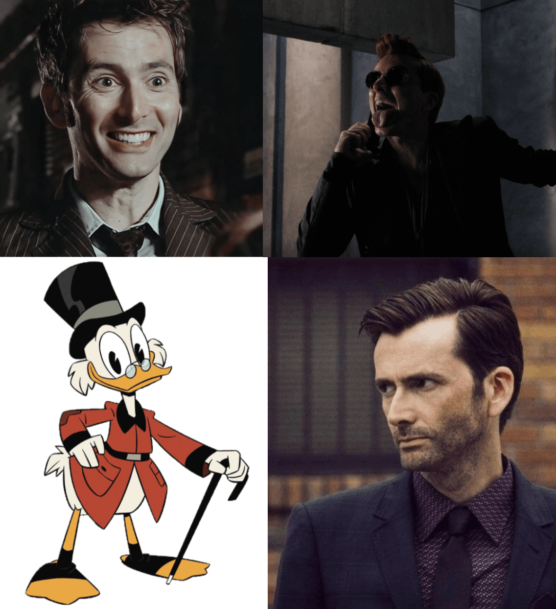 Four pictures of characters that David Tennant has played: The Doctor, Crowley, Scrooge McDuck, Kilgrave.