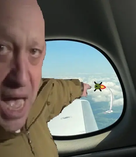 Variation of the "Prigozhin pointing meme" were Prigozhin points to the window of an airplane at an approaching cartoon missile.