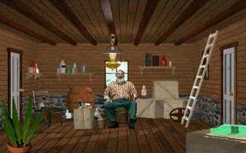 screenshot from Return to Zork showing the interior of an old mill. there's an old bearded dude relaxing in the chair